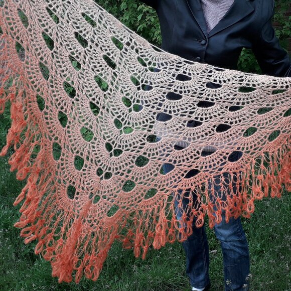 Handmade Crochet Lace Shawl Angora Beige Orange Wrap - Picture 2 of 4